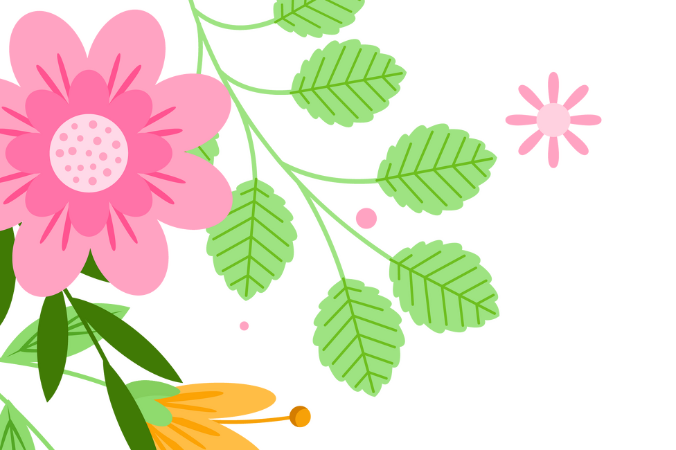 teckande blommor i rosa, grönt och orange